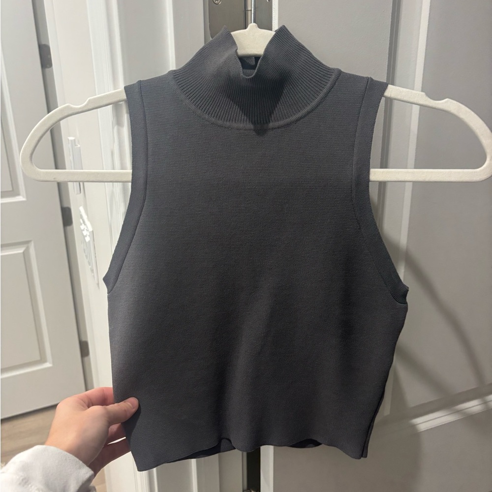 Zara Charcoal Ribbed Knit High Neck Top